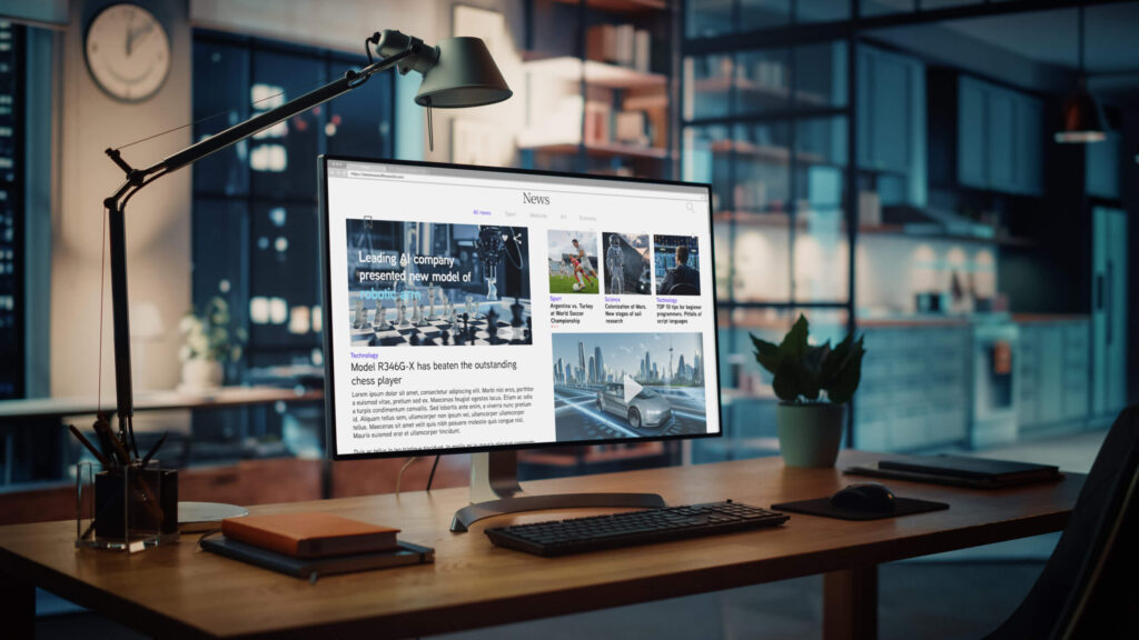 Shot of a Desktop Computer with Latest News Web Page Showing On Shot of a Desktop Computer with Latest News Web Page Showing On Screen Standing on the Wooden Desk in the Creative Cozy Living Room. In the Background Warm Evening Lighting and Open Space Studio.