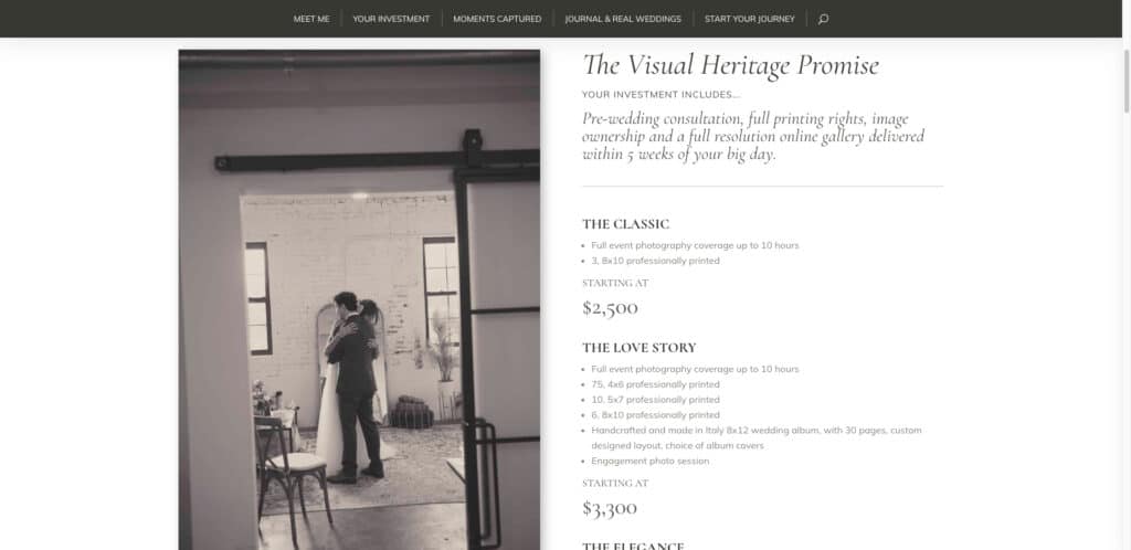 Pricing page showing prices on your website, from the Vlad G Photography site